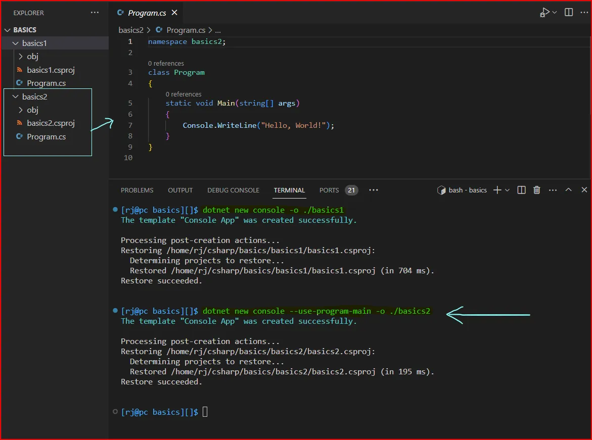 dotnet new console projects with program main